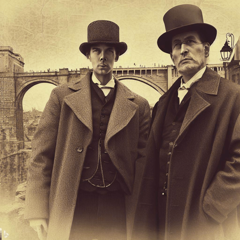 Un retrato de Sherlock Holmes y el doctor Watson, vestidos con ropa del siglo XIX, de pie frente al Puente de San Martín en Toledo