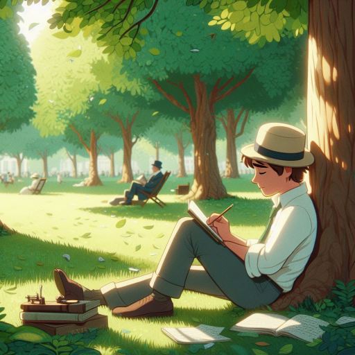 Poeta escribiendo en el parque a la sombra de los árboles 