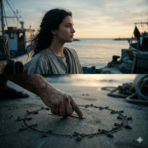 Una imagen de Valeria Julia observando la línea del horizonte en el puerto de Ostia, mientras en primer plano, una mano ruda de pescador dibuja un círculo con doce puntos en la arena, apuntando hacia el corazón de Roma.