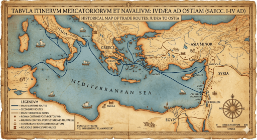 Un mapa de las rutas comerciales desde Judea hasta el puerto de Ostia, con pequeñas marcas rojas indicando los puntos de entrada del "Amanecer"