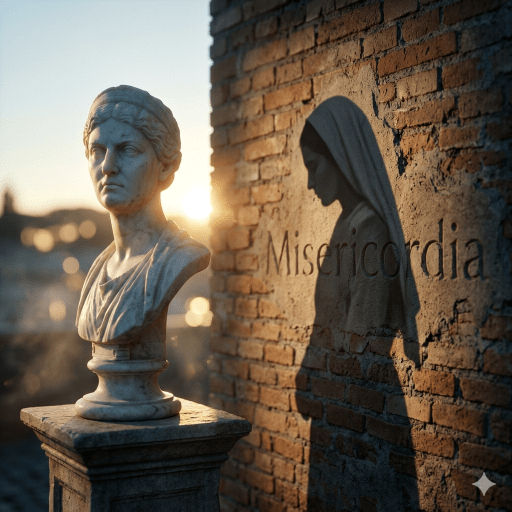 Un busto de mármol de una matrona romana altiva contrastado con la sombra de una mujer sencilla con un manto, proyectada sobre una pared de ladrillo donde alguien ha grabado la palabra 'Misericordia'
