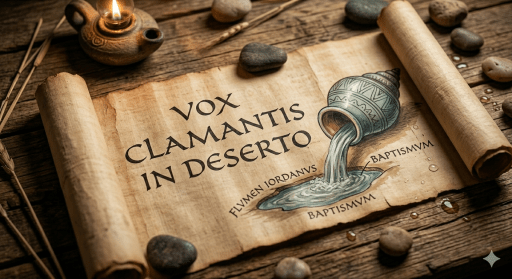 Un pergamino abierto donde se lee en latín la frase "Vox clamantis in deserto", junto a una representación de una concha con agua, símbolo del bautismo en el Jordán.