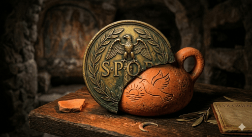 El sello del Senado (SPQR) sobrepuesto a una de las lámparas de terracota del Amanecer, simbolizando el choque entre el poder estatal y la nueva fe]