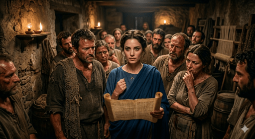 Imagen de Valeria Julia de pie en un sótano tenuemente iluminado, rodeada de rostros escépticos y cansados de pescadores y tejedores, mientras sostiene su pergamino con una mezcla de orgullo romano y duda interna
