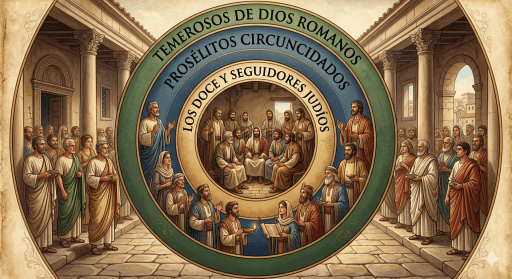 Un gráfico que muestra tres círculos concéntricos: en el centro los "Once" y seguidores judíos, en el segundo los "Prosélitos" circuncidados y, en el más externo y numeroso, los "Temerosos de Dios" romanos observando desde el umbral de la sinagoga]