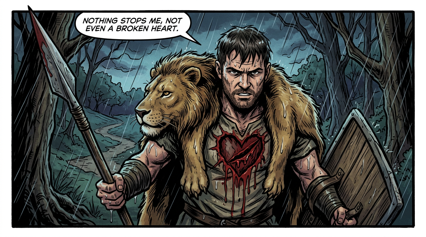 Warrior with bleeding heart wound under a lion pelt, holding spear and shield in rainy forest