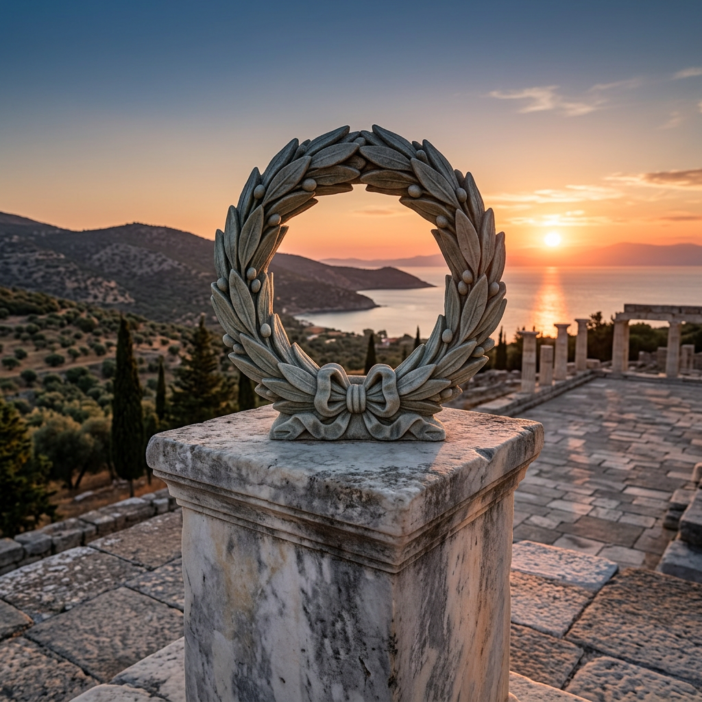Marble laurel wreath sculpture on pedestal overlooking ancient ruins and sunset sea