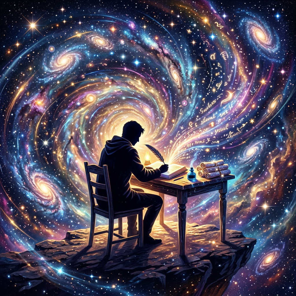 Person writing at a desk surrounded by swirling galaxies and glowing magical script