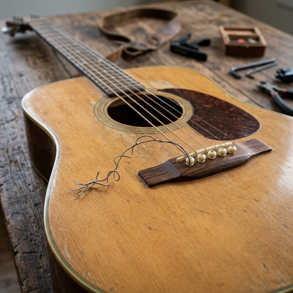 Acoustic guitar with broken string and repair tools on wooden table