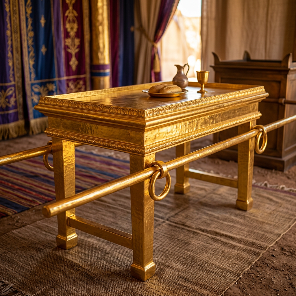 Ornate gilded table with bread, pitcher, and goblet